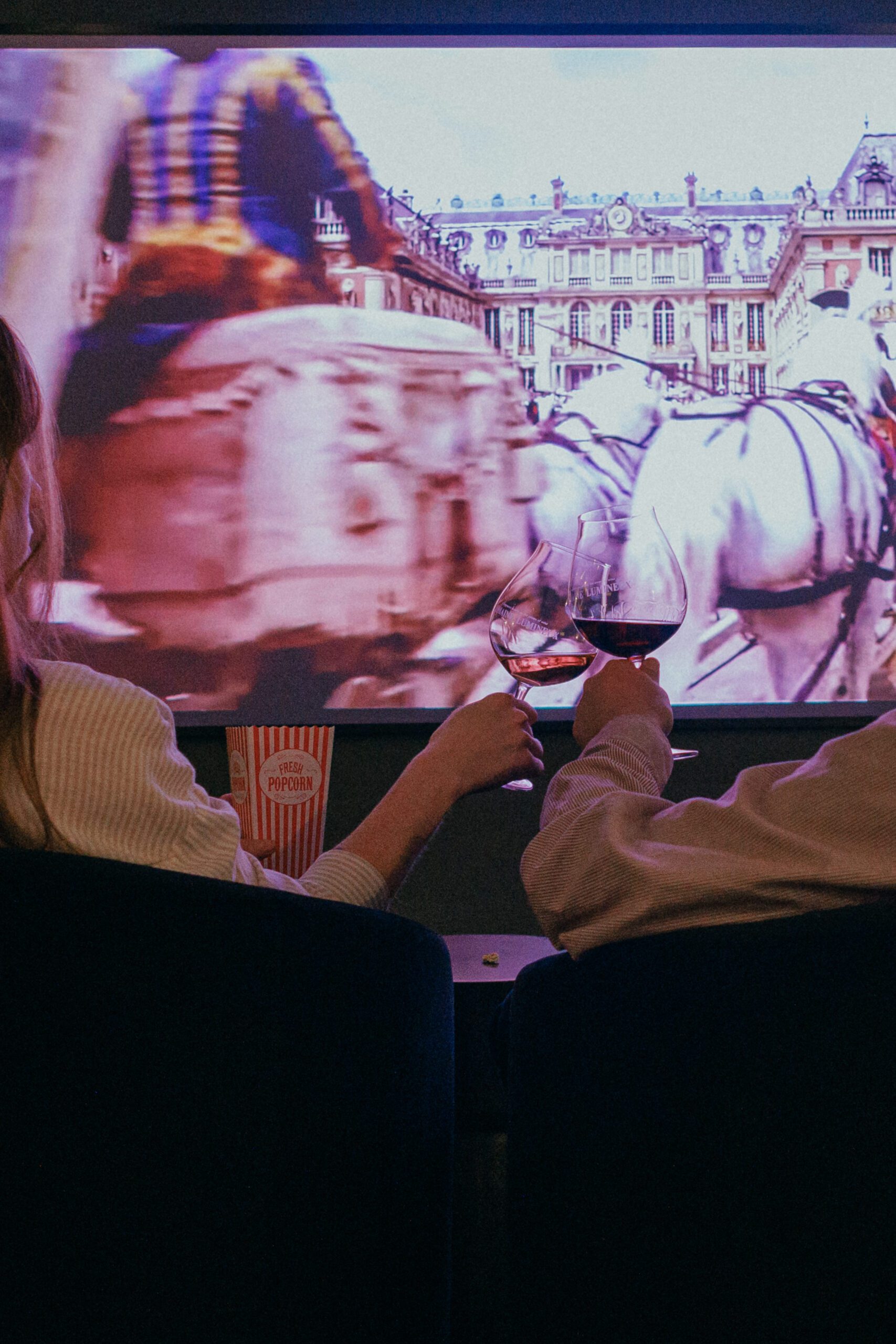 Two people watching a movie with glasses of wine in their hands.