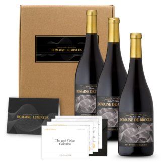 Three 2018 Oregon Pinot Noir library wines with original Domaine de Broglie labels, presented as The Cellar Collection gift set.